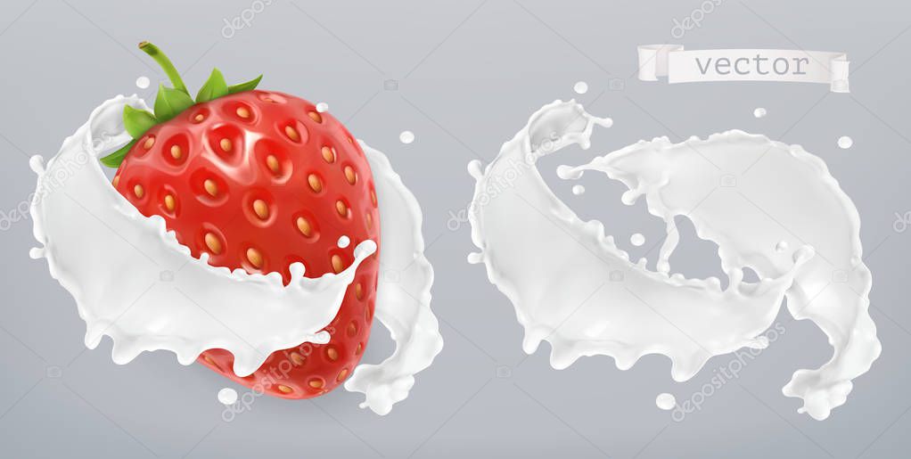 Yogurt, milk splash with strawberry. Set 3d vector elements. Package design