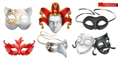Carnival masks. 3d vector icon set clipart
