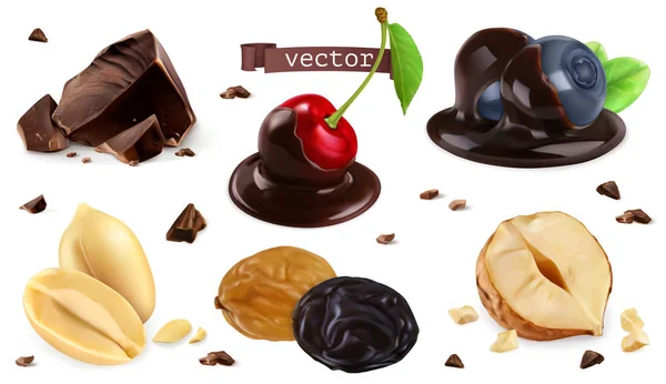 Bessen, noten en chocolade. Bosbes, kersen, pinda, hazel, rozijnen, 3D-vector set — Stockvector