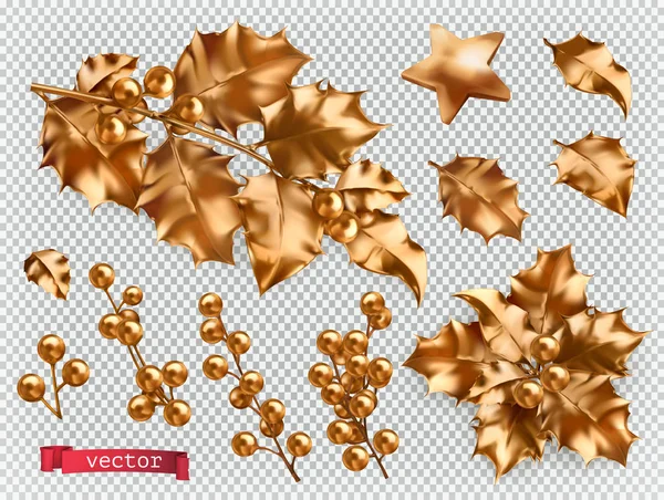 Decoraciones navideñas. Golden Holly 3d icono de vector realista conjunto — Archivo Imágenes Vectoriales