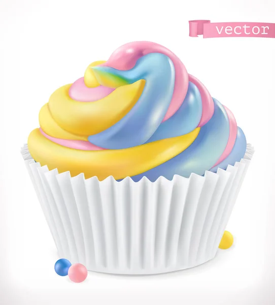 Cupcake, Feenkuchen. 3D realistisches Vektor-Symbol — Stockvektor