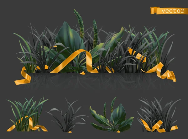 Herbe sombre avec rubans dorés, jeu d'icônes vectorielles réalistes 3D — Image vectorielle