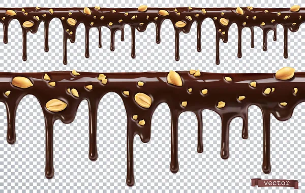 Druipend van chocolade met pinda-noten. Smelt druppelen. 3D-realistische vector, naadloze patroon — Stockvector