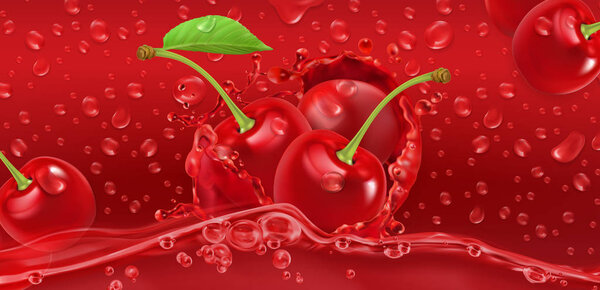 Drops. Cherry juicy. 3d realistic vector