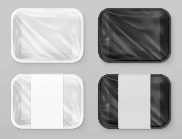 Polystyren livsmedelsförpackningar, vitt och svart. 3D vektor realistiska mockup — Stock vektor