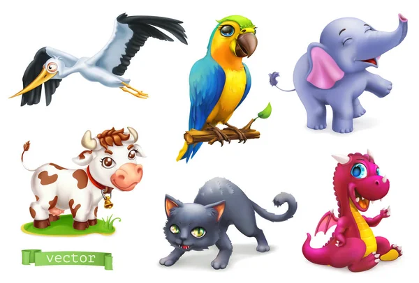 Animales graciosos. 3d vector icono conjunto. Cigüeña, loro, elefante, vaca, gato, dragón — Vector de stock