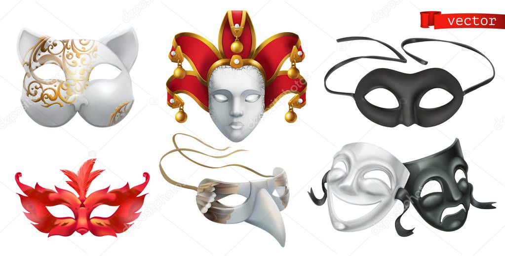 Carnival masks. 3d vector icon set