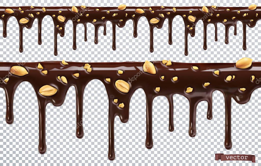 Dripping chocolate with peanut nuts. Melt drip. 3d realistic vector, seamless pattern