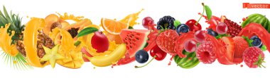 Tatlı tropikal meyve ve karışık meyveli. Suyu sıçrama. Karpuz, muz, ananas, çilek, portakal, mango, yaban mersini, kiraz, ahududu, papaya. 3B vektör gerçekçi ayarlayın. Yüksek kaliteli 50mb eps