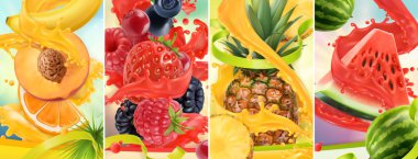 Sulu ve taze meyve. Şeftali, çilek, ahududu, ananas, karpuz. Suyu sıçrama. 3B vektör gerçekçi ayarlayın. Yüksek kaliteli 50mb eps