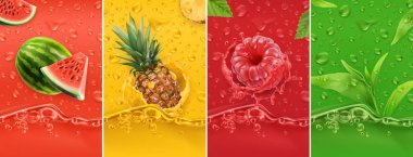 Sulu ve taze meyve. Karpuz, ananas, ahududu, çay. Damla ve splash dew. 3B vektör gerçekçi ayarlayın. Yüksek kaliteli 50mb eps