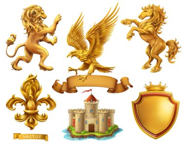 Aslan, at, Kartal, lily. Altın hanedan öğeleri. 3D vektör Icon set