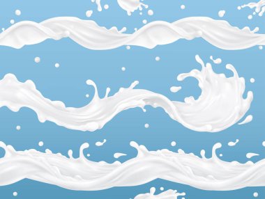 Süt splash dalga sorunsuz vektör desen. 3D gerçekçi vektör ayarlayın. Ambalaj tasarımı