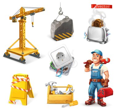Onarım ve servis. Crane, soket, araçlar, işçi. 3D vektör Icon set