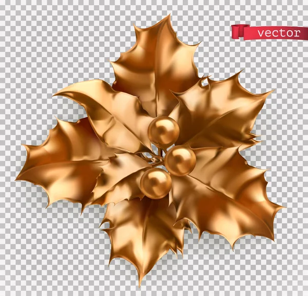 Golden Holly. Decoración de Navidad 3d icono de vector realista — Vector de stock