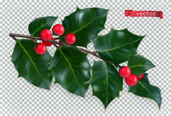 Holly traditional christmas decoration, 3d realistic vector icon — Stock Vector