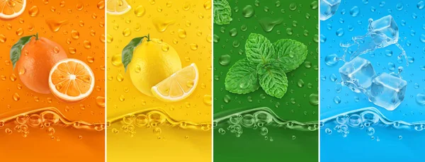 Fruta jugosa y fresca. Naranja, limón, menta, agua helada. Rocía gotas y salpica. 3d vector realista conjunto. Alta calidad 50Mb eps — Archivo Imágenes Vectoriales