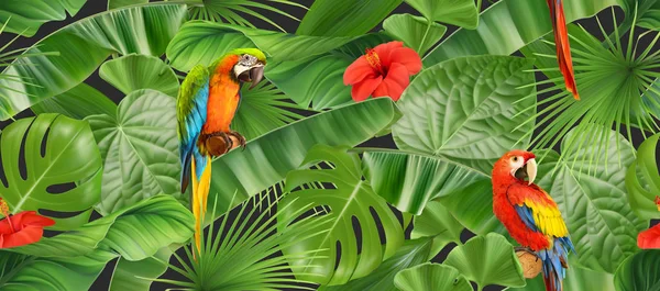 Džungli listí a papoušky, vzor bezešvé. 3D realistické pozadí vektor — Stockový vektor