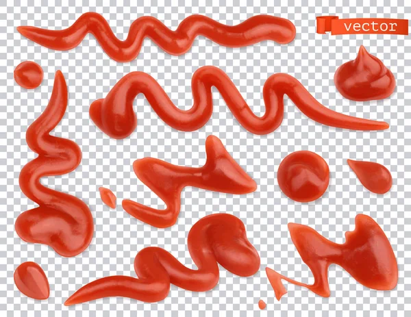 Ketchup fluyendo. Tomate. Pasta salsa 3d vector realista conjunto — Archivo Imágenes Vectoriales