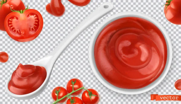 Kečup, rajčata. Těstoviny omáčka 3d vektor realistická sada — Stockový vektor