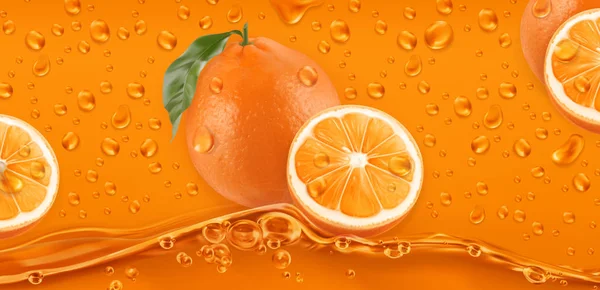 Narancssárga csepp. Friss gyümölcs háttér. 3D reális vektor — Stock Vector