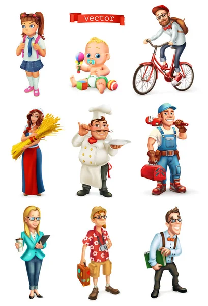 Gente 3d vector conjunto. Chef, gerente, estudiante, turista, reparador, ciclista, niños — Vector de stock