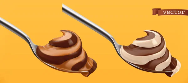 Cuchara con chocolate y caramelo. El dúo de remolinos se extendió. 3d vector icono realista — Archivo Imágenes Vectoriales