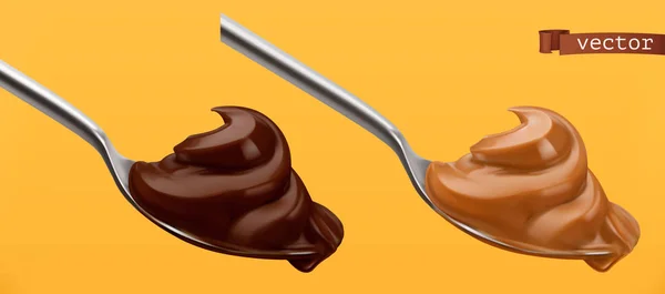 Colher com chocolate e caramelo. vetor 3d ícone realista — Vetor de Stock