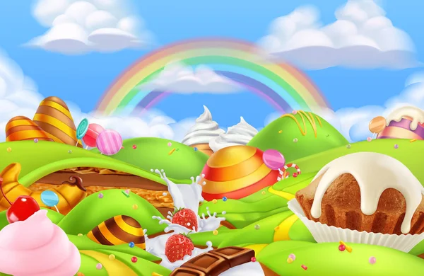 Dulce tierra de dulces. Fondo del juego de dibujos animados. 3d vector de ilustración — Vector de stock