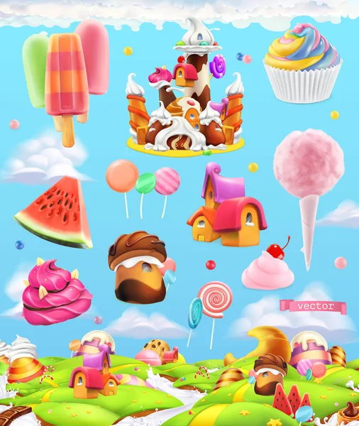 Słodki candy land, tło gry kreskówki. 3D wektor zestaw — Wektor stockowy