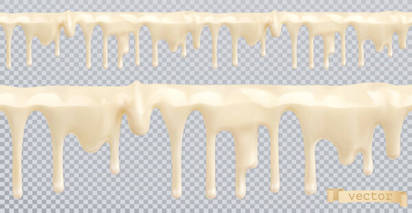 White glaze. Sweet cream. Seamless pattern. 3d realistic vector drips