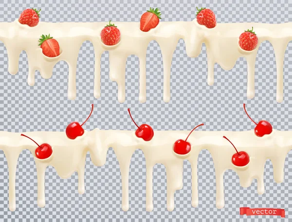 화이트는 유약 체리와 달콤한 크림, 딸기입니다. 완벽 한 패턴입니다. 3d 현실 벡터 — 스톡 벡터