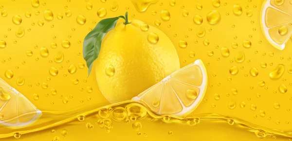 Gotas amarillas. Lemon. 3d vector realista — Vector de stock