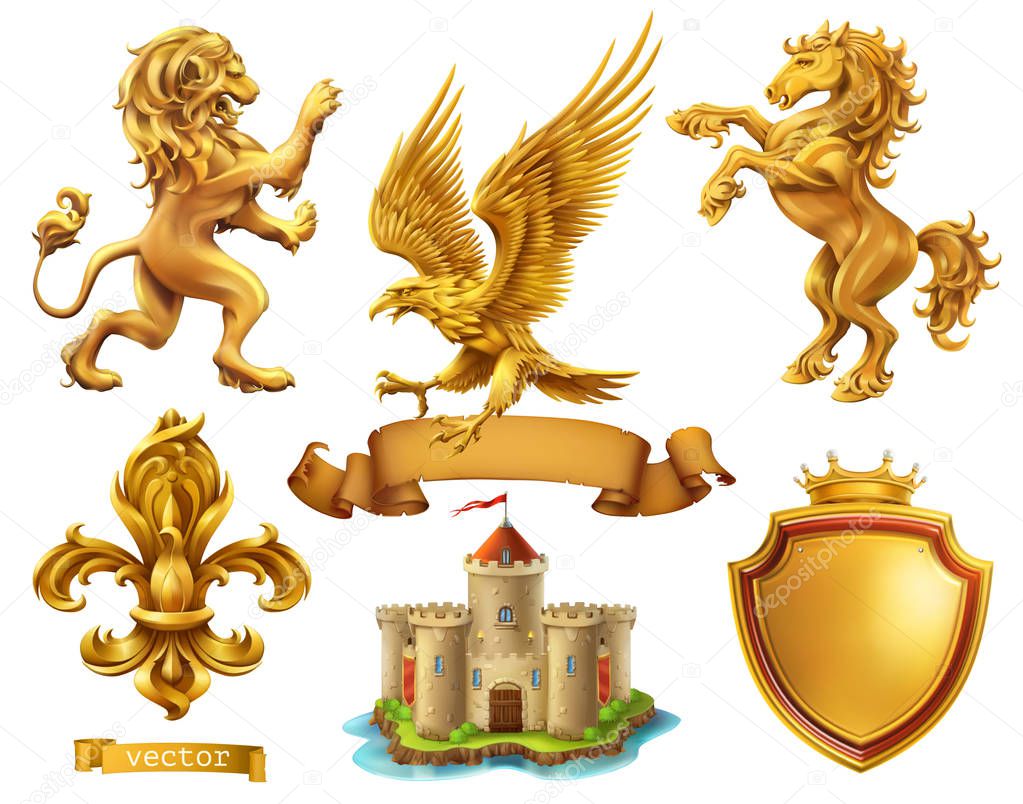 Lion, horse, eagle, lily. Golden heraldic elements. 3d vector icon set