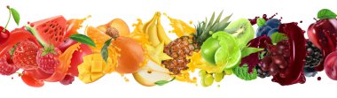 Tatlı tropikal meyveler ve karışık meyveler. Meyve suyu sıçraması. Karpuz, muz, ananas, çilek, portakal, mango, limon, yaban mersini, üzüm, elma. 3d vektör gerçekçi ayarlayın. Yüksek kaliteli 50mb eps