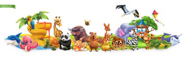 Komik hayvanlar. 3d vektör panoraması. Quokka, köpekbalığı, kaplumbağa, papağan, zürafa, tavşan, zebra, fil, leylek, timsah, kanguru, panda. Yüksek kaliteli 50mb eps