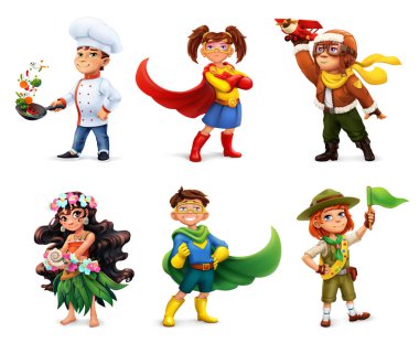Kostümlü küçük çocuklar. Süper kahramanlar, aşçı, pilot, izci. Komik karakter, 3d vektör simgesi seti