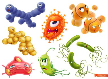 Virus, bacteria. Diplococcus, streptococcus, helicobacter pylori, pneumococcus, staphylococcus aureus. Funny monster, cartoon character. 3d vector icon set clipart