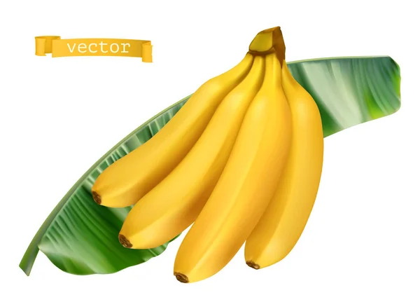 Banan på grönt blad. Färsk frukt 3D realistisk vektor ikon — Stock vektor