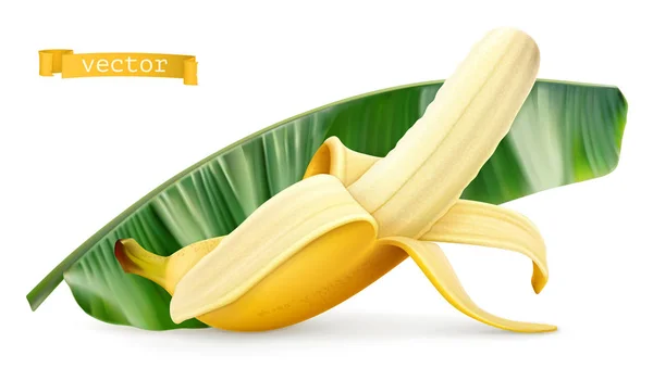 Banaan op groene blad. Vers fruit. 3D realistisch vector icoon — Stockvector