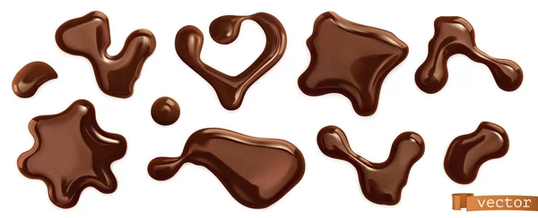 Gocce di cioccolato. Set vettoriale realistico 3d — Vettoriale Stock