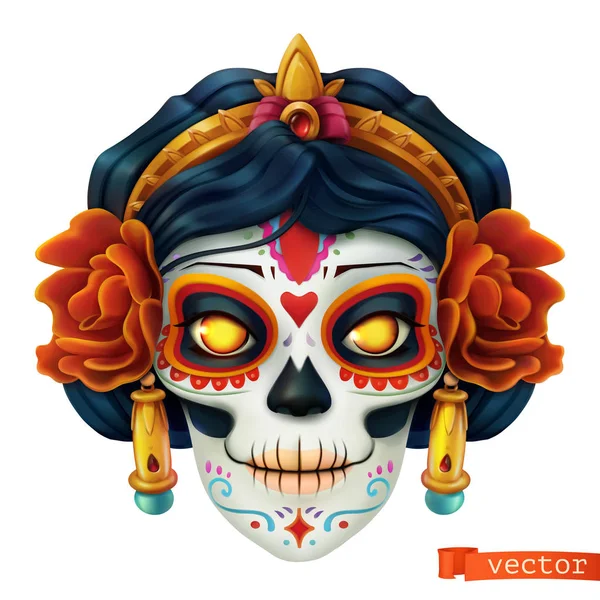 Den mrtvých. V Dia de los Muertos. Lebka, ženská 3D vektorová ikona — Stockový vektor