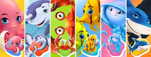 魚と海の動物。サメ、タコ、クラゲ、カニ、ナルクジラ。漫画キャラクター3Dベクトルアイコンセット — ストックベクタ