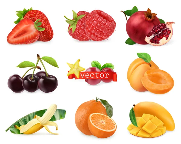 Fresh fruits and berries. Strawberry, raspberry, pomegranate, cherry, apricot, banana, orange, mango. 3d realistic vector set — Stock Vector