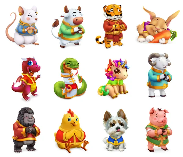 Roliga djur i den kinesiska zodiaken, råtta, ox, Tiger, kanin, drake, orm, häst, får, apa, tupp, hund, gris. Kinesiska kalendern, 3D-vektor Ikonuppsättning — Stock vektor
