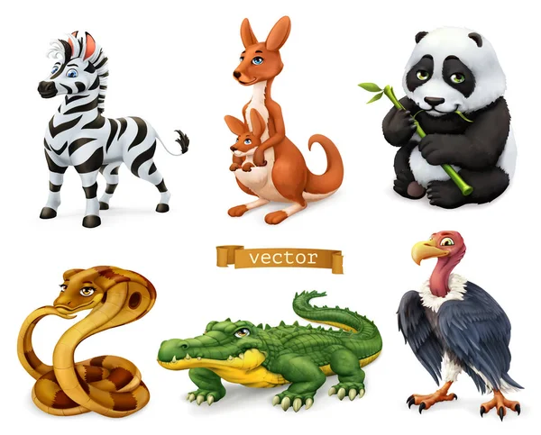 Śmieszne zwierzęta. Zebra, kangur, niedźwiedź Panda, Cobra węża, Krokodyl, Sęp. zestaw ikon wektorowych 3D — Wektor stockowy