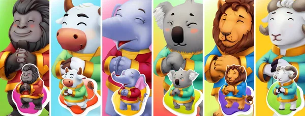 Lustige Tiere. Gorilla, Bulle, Elefant, Koala, Löwe, Widder. 3D-Vektorhintergrund — Stockvektor