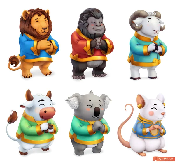 Komik hayvanlar. Aslan, goril, koç, boğa, koala, fare. 3b vektör simgesi seti