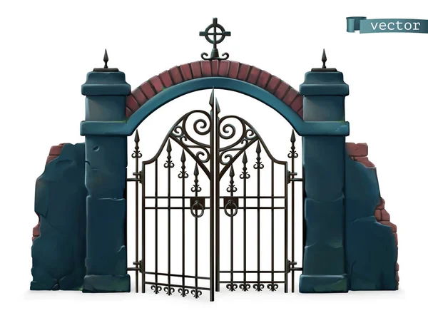 Ворота на цвинтарі. Щасливого Хеллоуїна. 3d векторний мультиплікаційний об'єкт — стоковий вектор