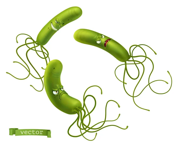 Bactérias Helicobacter pylori. Monstros engraçados verdes, personagens de desenhos animados. Ícone vetorial 3d —  Vetores de Stock